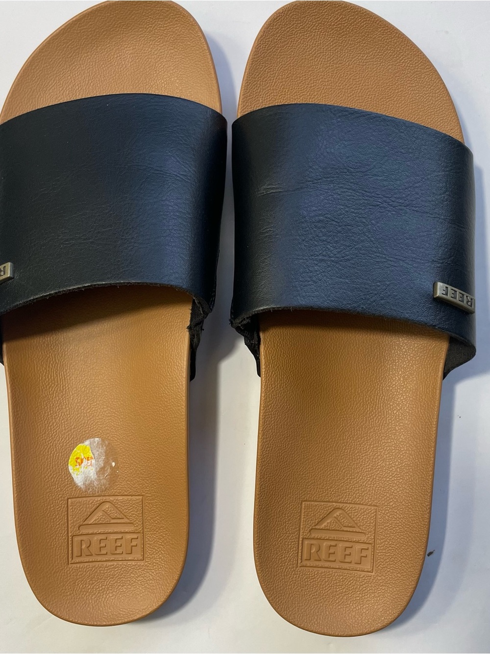 Reef Cushion Scout Black Tan Slide Sandals Women's Size 7 Vegan Leather
